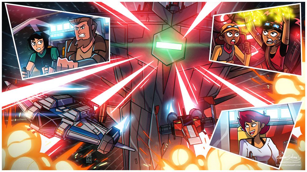 Digital illustration of my Western Regions webcomic characters piloting their ships being chased by an enemy destroyer craft. 