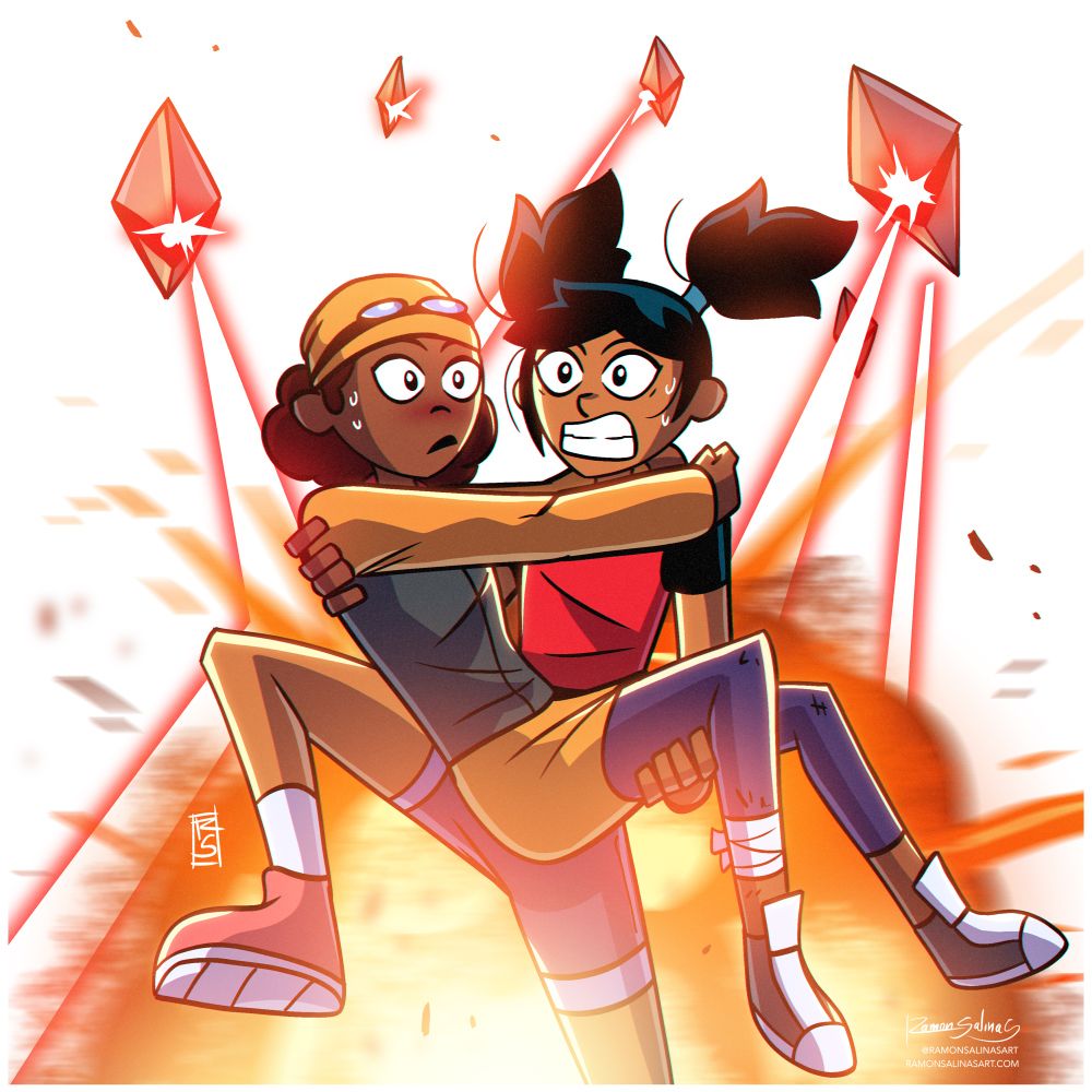 Digital illustration of my Western Regions webcomic characters Dakota and Sydney running from an explosion caused by invading diamonds. Dakota carries Sydney up. 