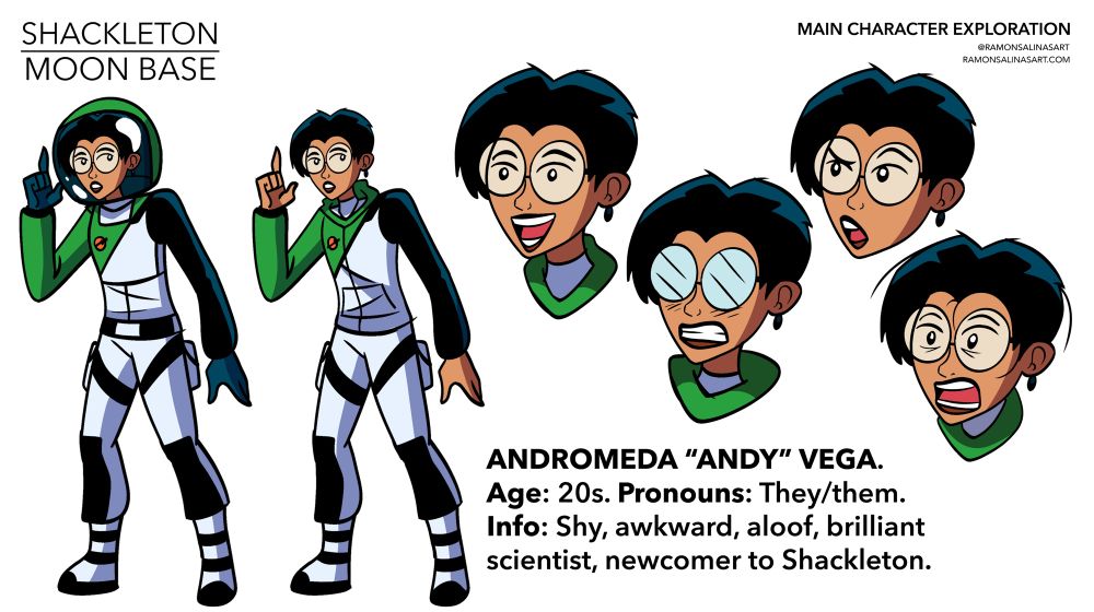 Character design sheet of my Shackleton Moonbase OC Andromeda “Andy” Vega. 20 something year old. Pronouns they/them. Shy, awkward, aloof, brilliant scientist and newcomer Shackleton. 