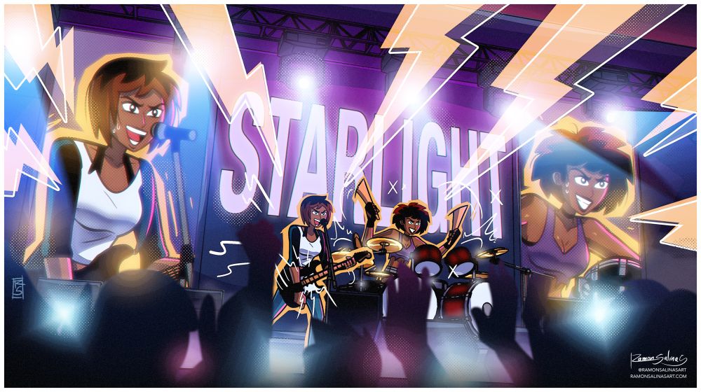 Digital illustration of my STARLIGHT band characters, Dani and Sheena performing a live concert in front of an audience. 