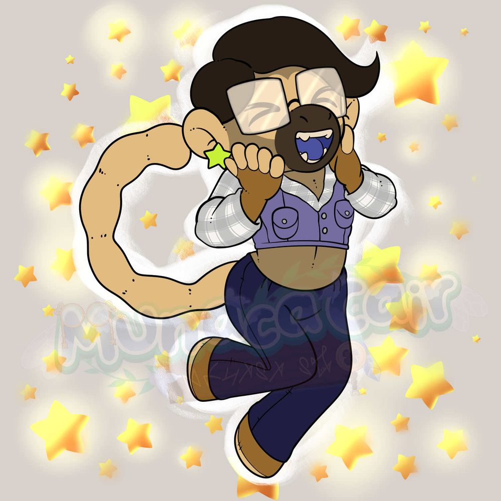 A chibi of Ebenana's Twitch mascot (a humanoid Sock monkey). He's surrounded by stars, smiling happily with his hands on his cheeks