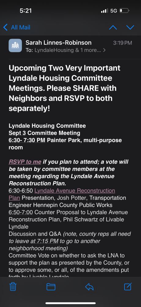 Email from Lyndale neighborhood association about an upcoming meeting to discuss the Lyndale reconstruction including amendments offered by liveable lyndale 