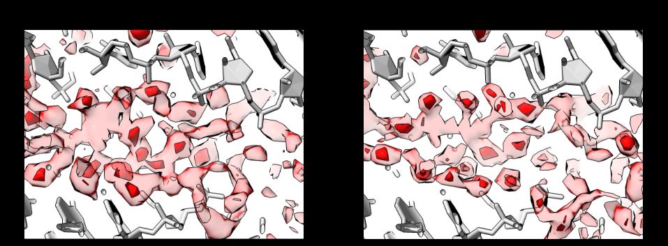 R1260 CASP target, water and ions around RNA. Ground truth on left, blind prediction from SoutheRNA MD simulations on right.