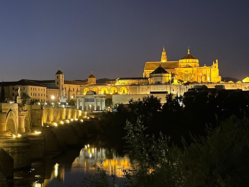 Cordoba, Spain lit up at night with the Roman bridge in the forefront. The Mezquita is at the very top of the hill. 