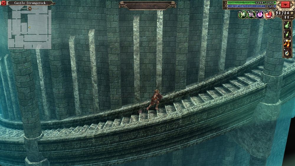 A Steam store screenshot of Nihon Falcom's 2005 title Xanadu Next. The playable character is running to the right, up a staircase spiralling around a large stone column.