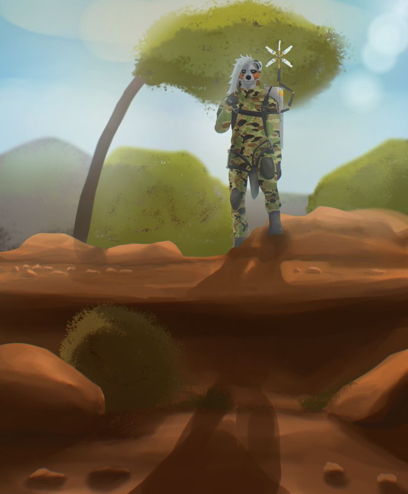 Artwork of Australian Shepherd Fursona dressed up as a porter from the video game Death Strandding 2, they are standing on red dirt and rocks, behind is a tree and some bushes