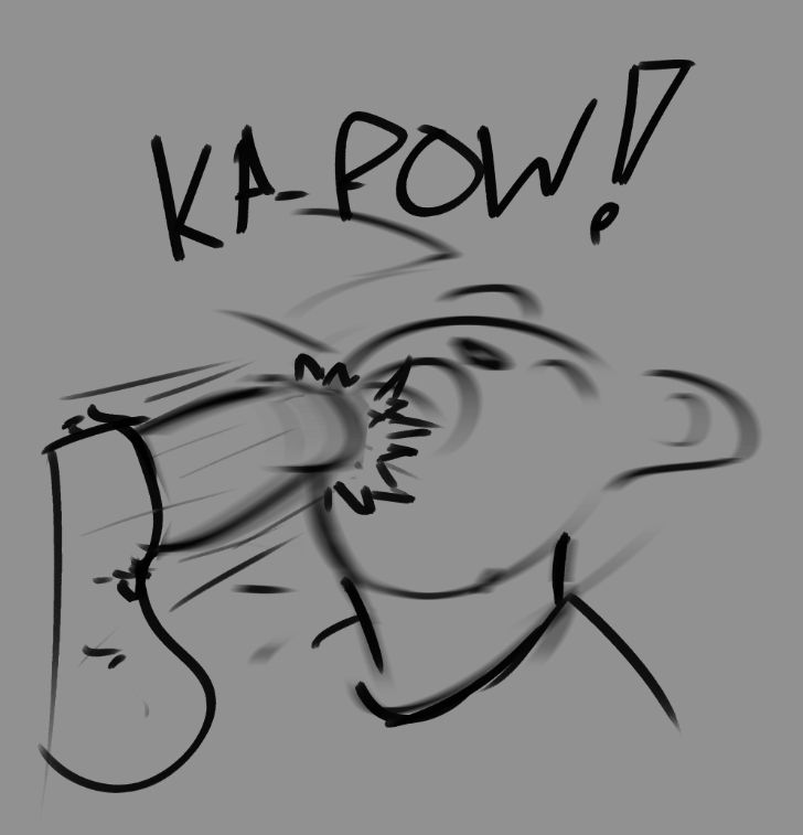 a very loose sketch of a vaguely anthro figure getting hit on the chin by a dick coming out of its sheath so fast it has motion blur