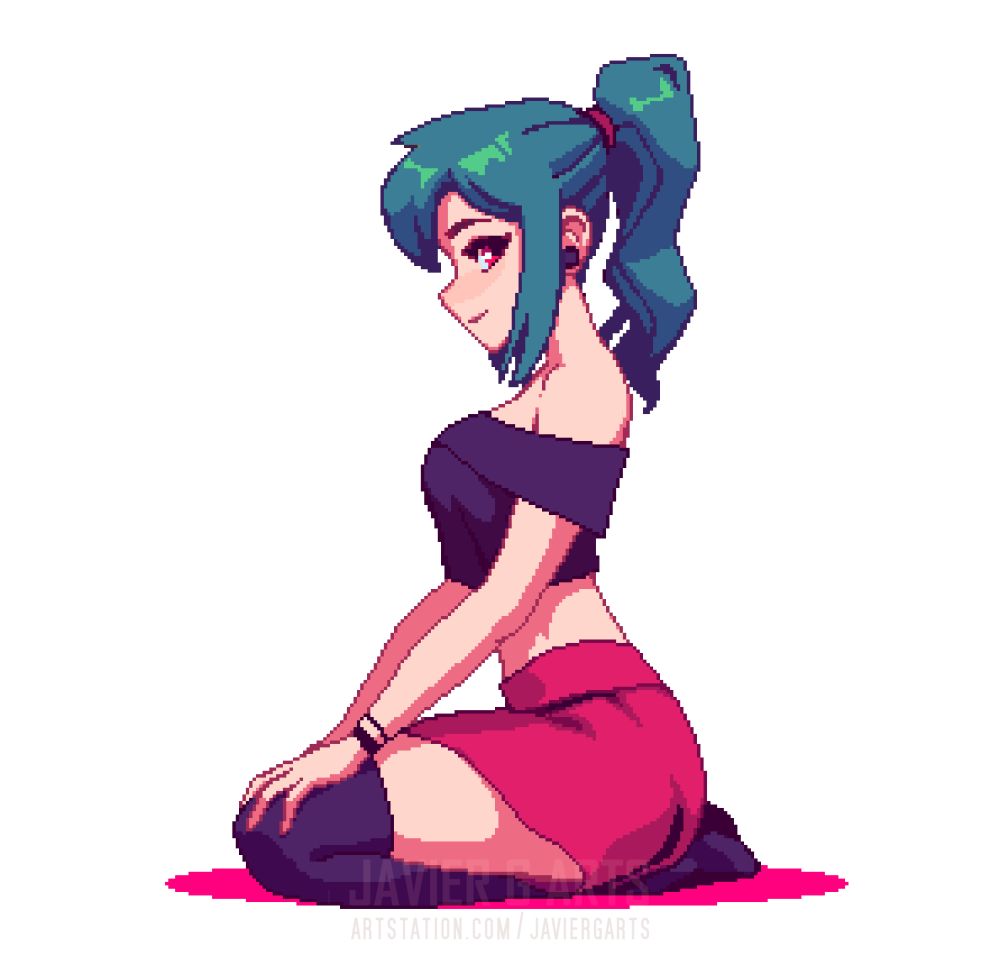 a green haired girl with red eyes, black and red clothes, sitting on the floor.