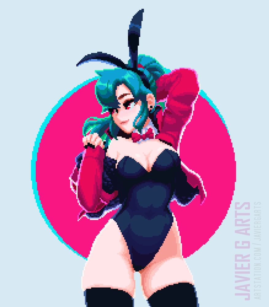 green hair girl with red eyes in a black bunny outfit and red jacket.