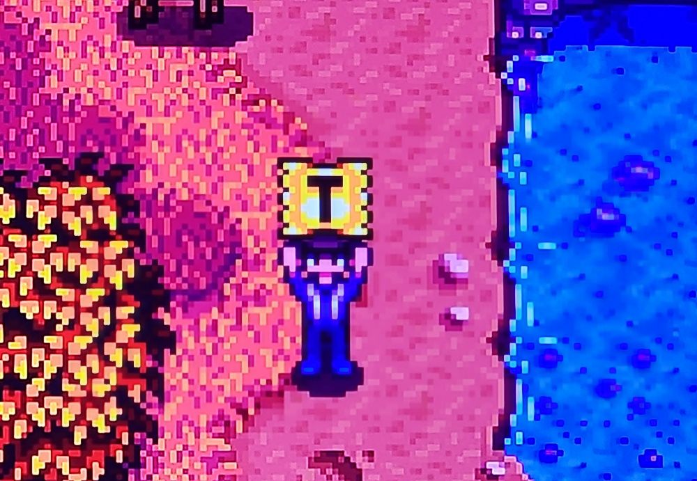 Personagem de stardew valley segurando um ingresso de cinema que parece uma embalagem gigante de preservativo
