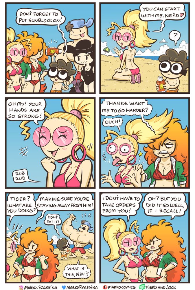 Nerd suggest everyone to put sunblock on. Queen wants to be the first. She thinks it's Nerd but it's Tiger instead. Tiger and Queen argue a bit, who would takes orders from who.