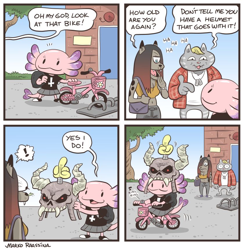 Alexa Lotl is taking her girly bike out, two bullies come to mock her. She shows her helmet which goes well with the bike, stunning the bullies.