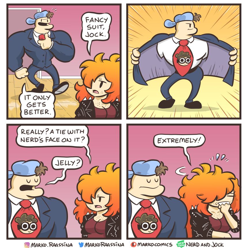 Jock has a nice suit. He unleashes the Nerd tie under it (with Jon Arbuckle pose), Tiger is jelly.