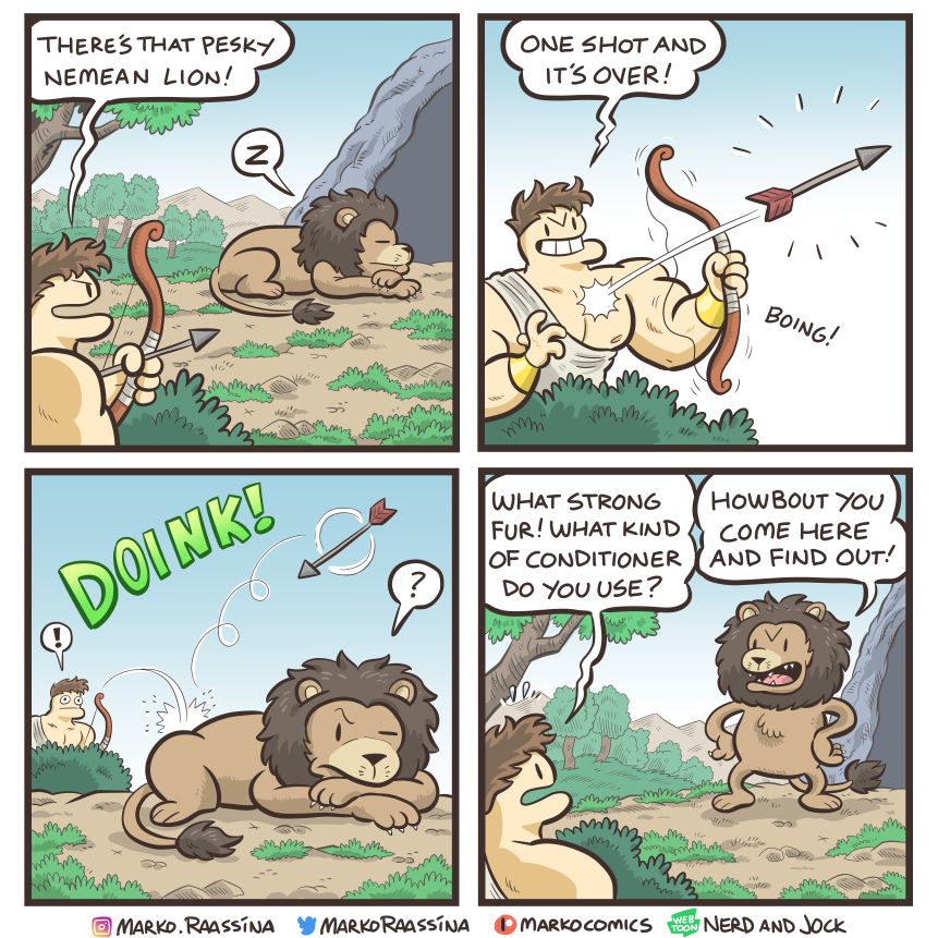 Jockules tries to shoot the Nemean Lion with an arrow, but its fur is too sturdy.