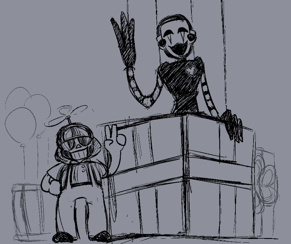 sketch of balloon boy and the puppet posing for the camera, as if it were a promo for a freddy's location. both have minor redesigns; balloon boy has much larger eyes and overalls, the puppet has a slightly different mask and a stitched heart on its chest instead of buttons
