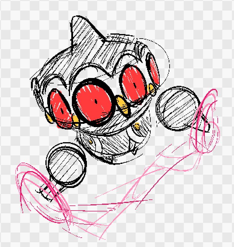 sketch of claydol from pokemon with pink strands of psychic energy connecting its limbs(?)