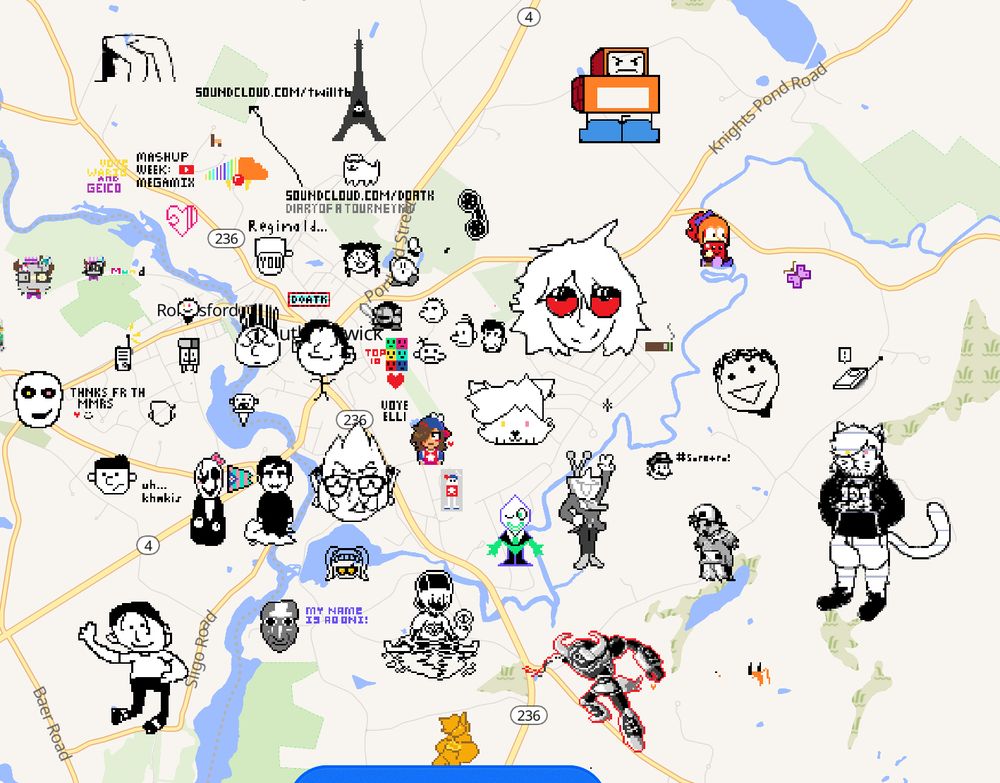 a screencap of WPLACE. several DOATK characters are present, most notably nagito, guptill, mozart and the butcher. a couple others are there as well as a link to its soundcloud page. TPT's kaizo girl and meat boy are also present, as is the soundcloud logo to resemble omega soundclown.