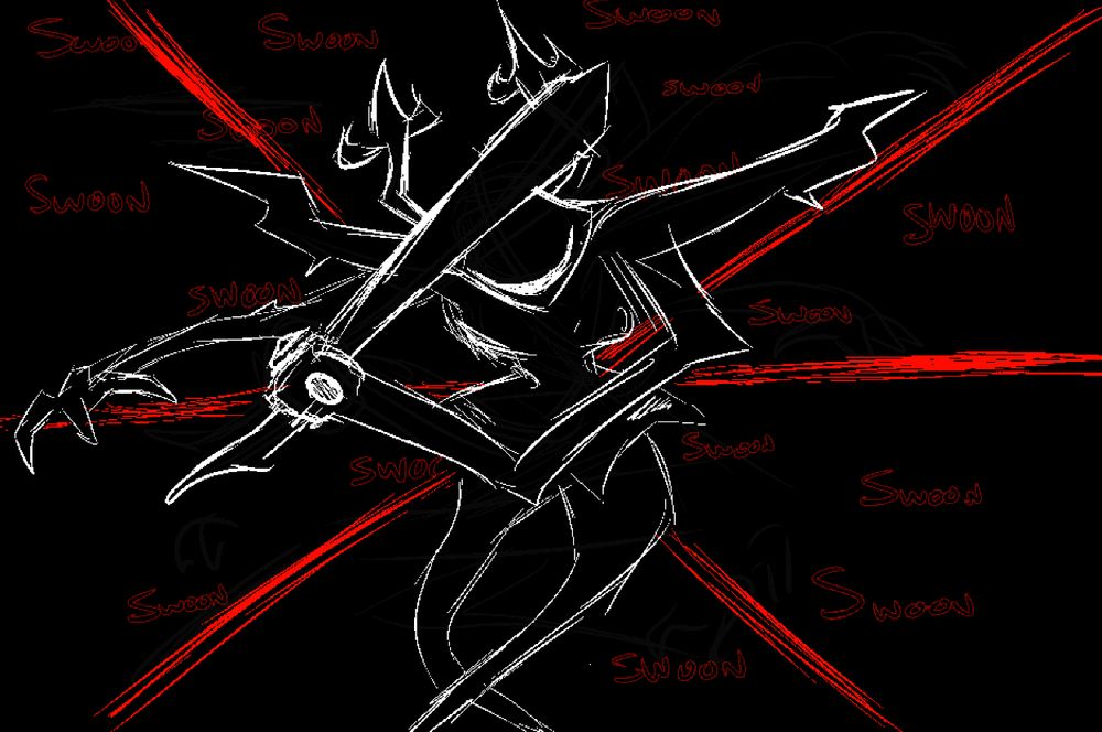 A DEPICTION OF THE ROARING KNIGHT .
ITS POSE SUGGESTS AN INCOMING ATTACK, WICKED BLADE RAISED HIGH ;
A CLAWED HAND READIES ITSELF. ITS SMILE IS SICKENING.

RED, SCRIBBLED LINES CARVE OUT SIX SECTIONS OF BACKGROUND, IN REMINISCENCE OF ITS ROTATING ATTACK OF SIMILAR PRESENTATION .
THE WORD " SWOON " IS SEEN NUMEROUS TIMES .

YOU MAY HAVE FELT AS THOUGH YOU SAW THIS OVER, AND OVER, IN YOUR OWN MEETING .