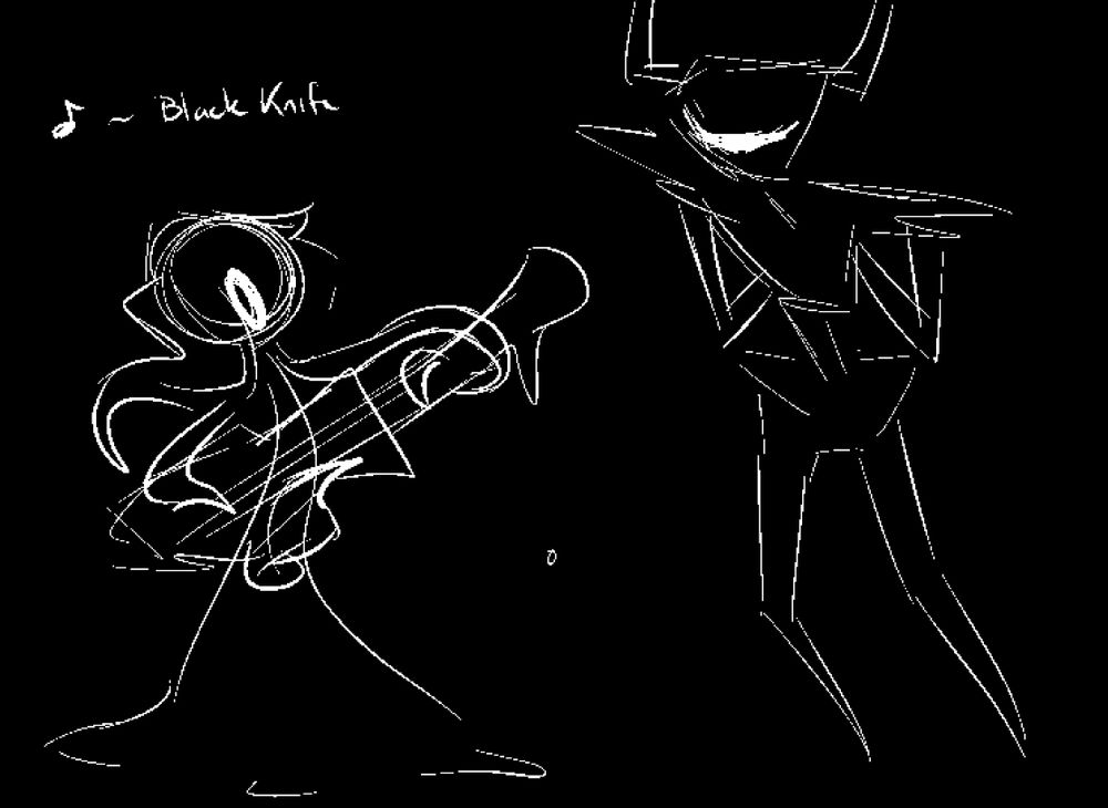 rivulet trying to play a guitar, the song choice being black knife (the song that plays versus the knight). the knight stands with its hands folded behind its back, watching the performance.