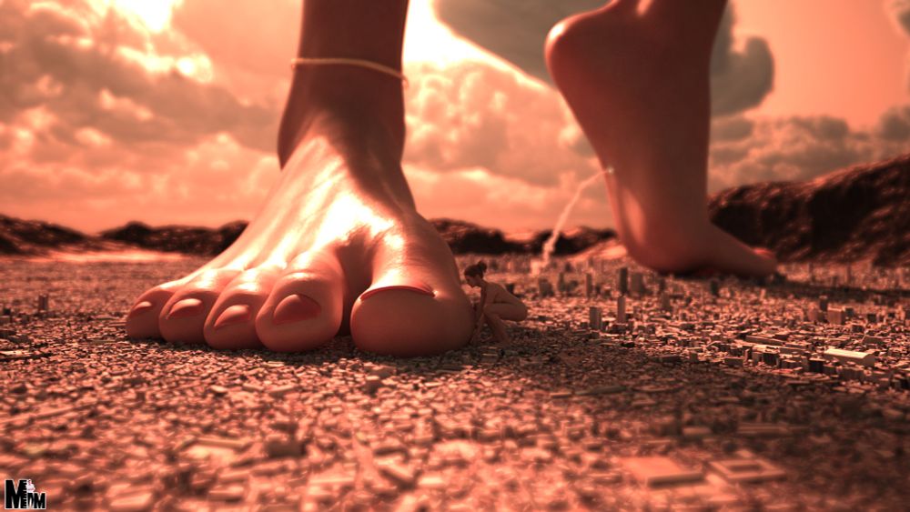 A red/orange tinted image of a city. A giant woman's foot dominates the image. A smaller giantess, about the size of the larger woman's toe, tries to lift her toe to move it unsuccessfully. In the background a missile is fired at the the larger woman's foot. 