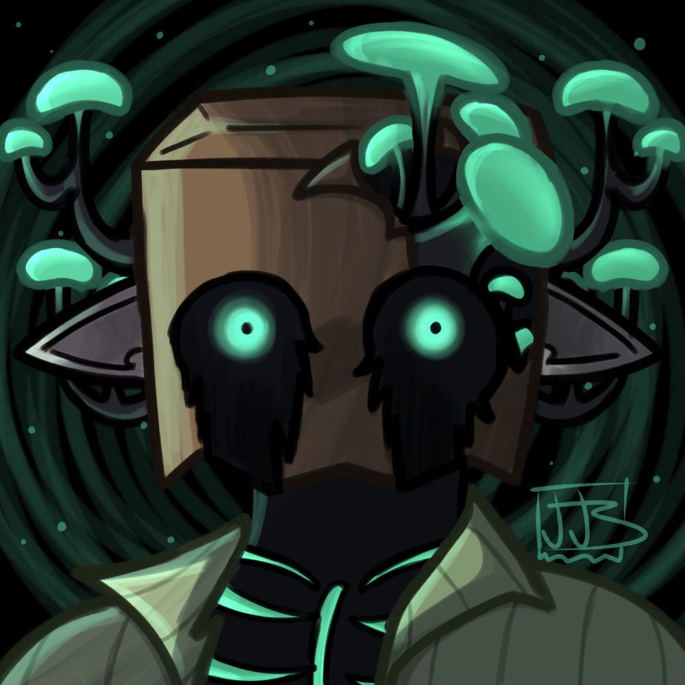 a version of JJbaghead’s vtuber in a state of what seems to be corruption. he stares at the camera through an ichor-soaked baghead with bright teal eyes. real mushrooms grow from his bag and his chest shows exposed bones of the same teal color.