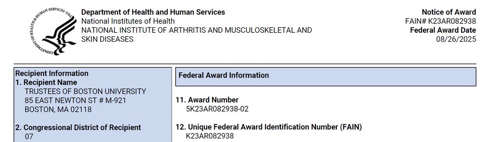 screencap of the notice of award for my NIH K23 grant from NIAMS, dated today August 26 2025
