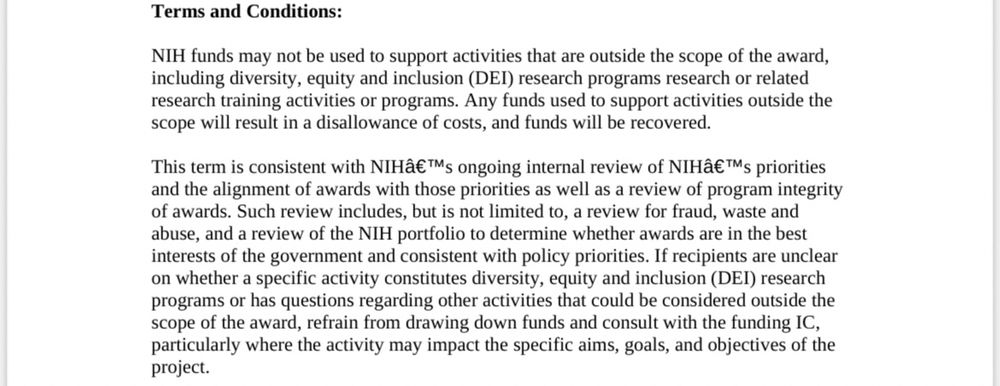 Terms and conditions for my NIH award stating that I cannot use NIH funds to support DEI activities or else the grant will get terminated 