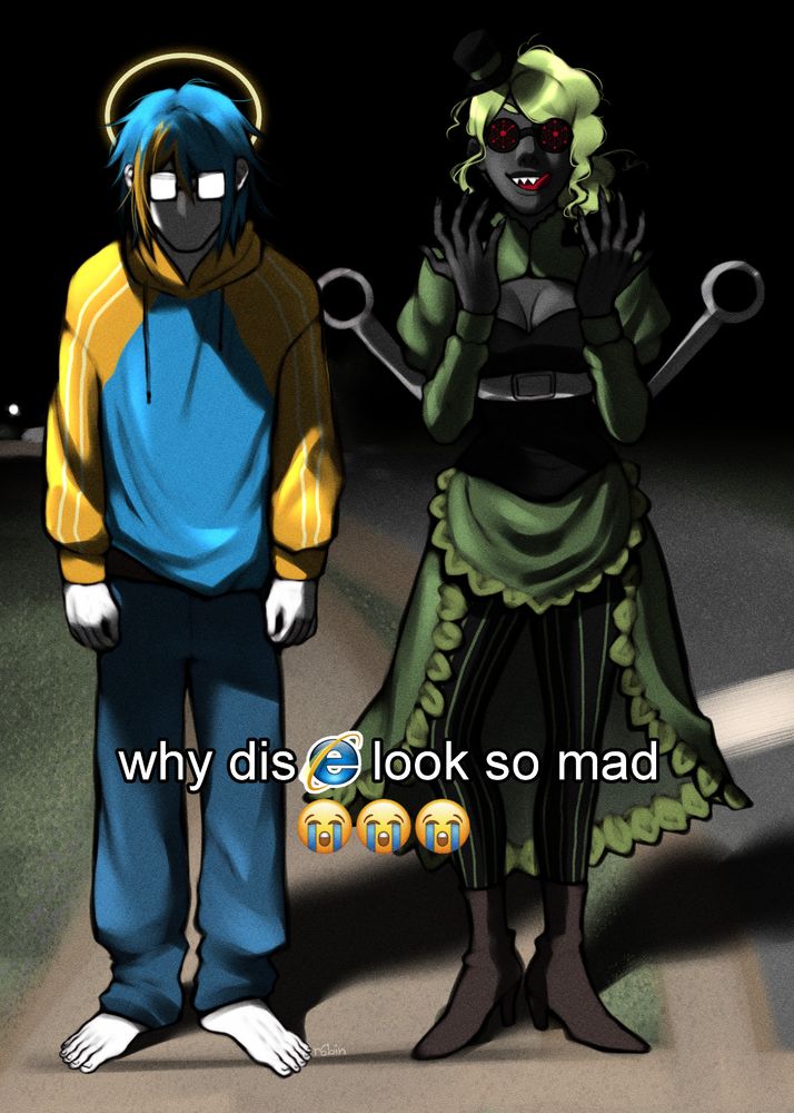 interweb standing next to vapor with a menacing shadow covering his face. caption reads "why dis (internet explorer icon) look so mad (sobbing emoji thrice)"