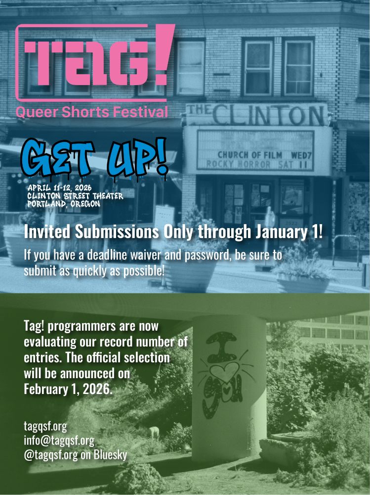 Background images of the Clinton Street Theater and Portland graffiti. Text announces closing of submissions except by waiver and gives the official selection announcement date of Feb 1, 2026.