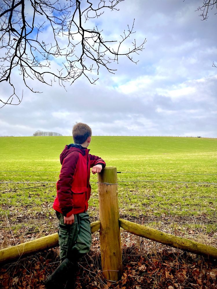 A child wearing a red waterproof coat rests one forearm on a strainer post as he faces across a green field which rises gently to a ridge.