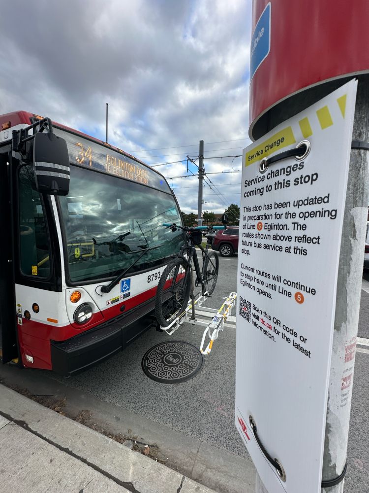 A 34 Eglinton bus stops near Thermos Road and Eglinton Avenue East in Scarborough.