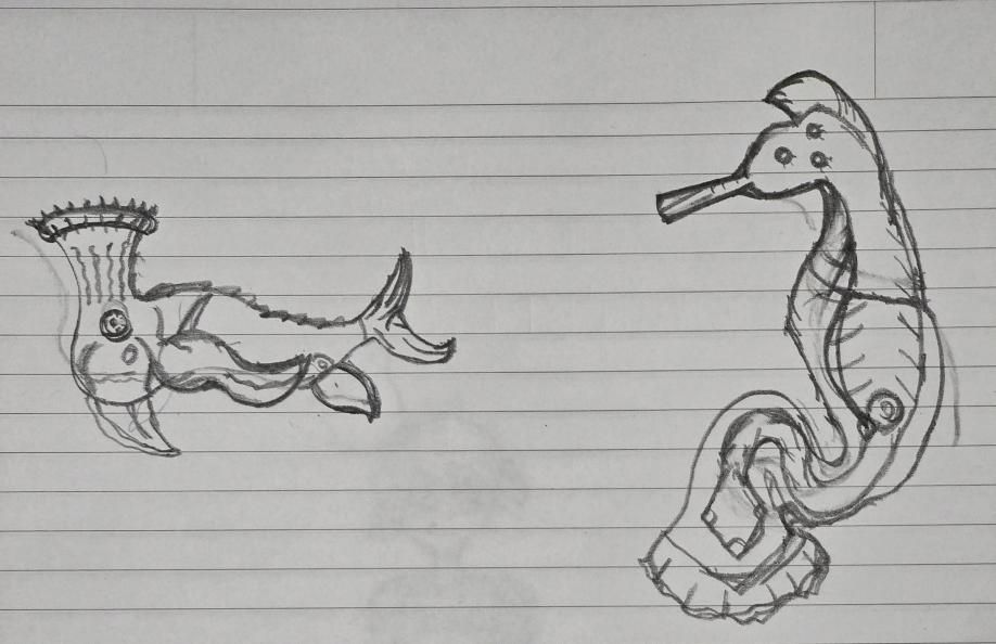A fish-like alien with it's mouth located above it's head and a seahorse-like alien with a transparent bottom cover
