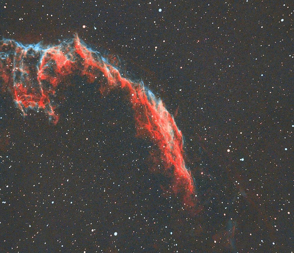 Captured the ethereal beauty of the Eastern Veil Nebula—delicate threads of ionized gas glowing in the aftermath of a supernova 8,000 years ago. Over 6 hours of exposure brought out the intricate filaments and subtle color gradients. A hauntingly beautiful reminder of the life and death of stars. Truly humbled by the cosmos.