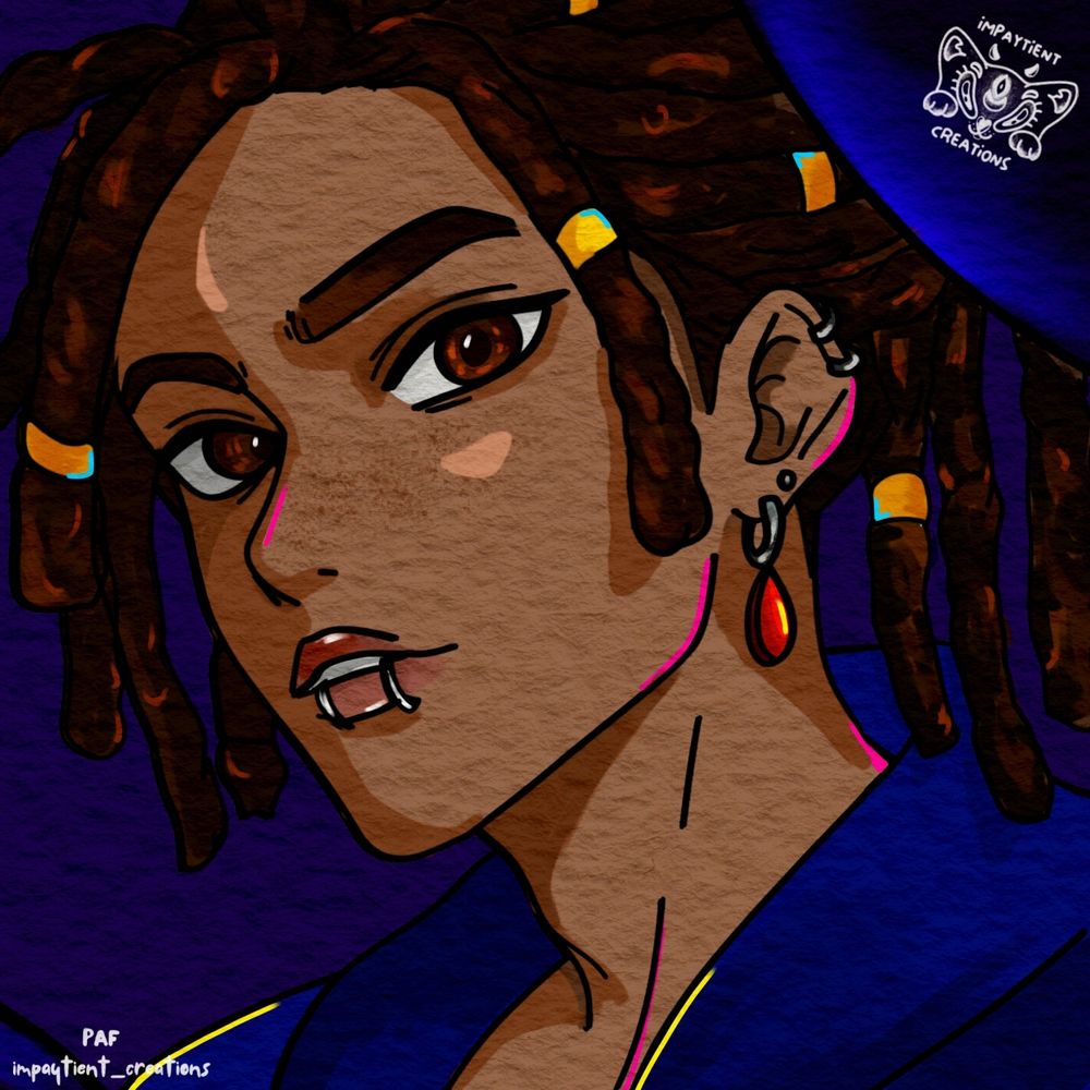 African American man with lip piercings, locs with charms. Earrings and a blue background. 


In anime art style akin to mha and demon slayer. 

#artfight #art #arttrade #commissions #commissionsopen #artist #animeart #art #animeart #demonslayerart #gothart #commissions #commissionsopen #mhaart