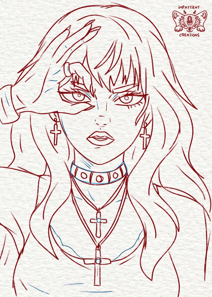 Female with long curly hair. Almond eyes, her tongue sticking out, her right hand raised and circling her right eyes. Simple tank top. Three layered necklace with a choker. Messy sketch.



This was done in an art style similar to My Hero academia and Demon Slayer (my favorites). 

The client ordered a bust up in the anime art style provided at 8x10 size ($55CAD) 

This piece took me one day.

#commissions #commissionsopen #mha #demonslayer #animeart #mhaart #demonslayerart  #art #sketch #artist #animeartist #furry #furryart