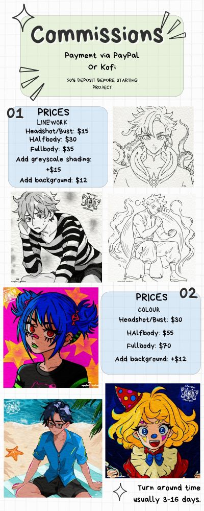 Commissions. Payment via PayPal or Kofi.

Linework option: Bust: $15, halfbody: $30, fullbody: $35. Add background for an additional $12, and if you want greyscale shading, add another $15.

Colour option: bust: 30, halfbody: $55, fullbody: $70, add background for an additional $12.

Turn around time, usually 3-16 days for completed artwork. Will update client if anything comes up. There are only two revisions for the client after the initial sketch is made.

All prices are in Canadian. Tips are appreciated, but not required. Discounts may also be available for an additional person. 

#commissions #commissionsopen #animeart #mhaart #demonslayerart #cheapart #emergencycommissions #emergencyart #portraitart #art #artist #clownart #chainsawmanart #animeart #queer #disabled #disabledartist
