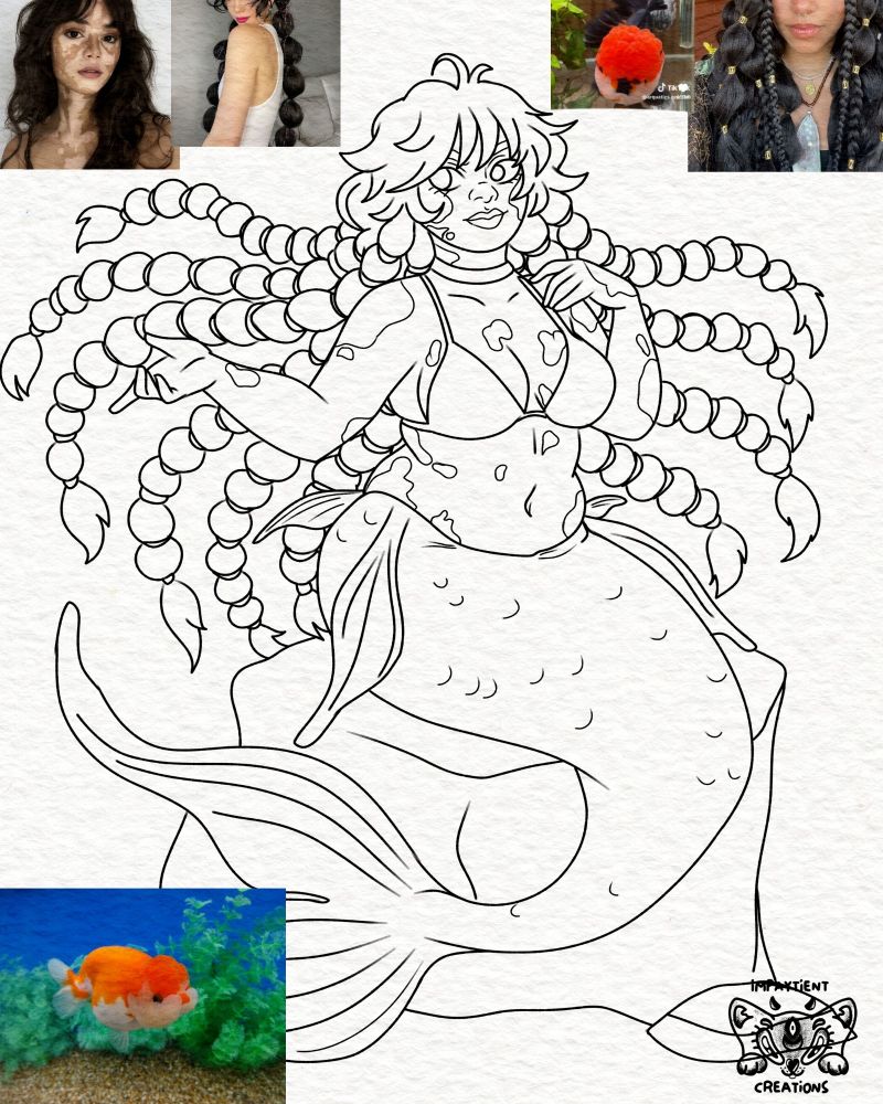 a full-body linework piece and simple background in the anime art style provided.

This piece took me one day.

Goldfish-mermaid fish-folk. Mermaid tail vitiligo spots mirroring the goldfish. Sat on a rock and has bubble braids hairstyle. Attached to screen are images of references such as hair, vitiligo spots, and the fish.

#commissions #commissionsopen #mha #demonslayer #animeart #mhaart #demonslayerart  #linework #art #sketch #artist #animeartist #mermaid #demihumans #furryart #furry #suggestive