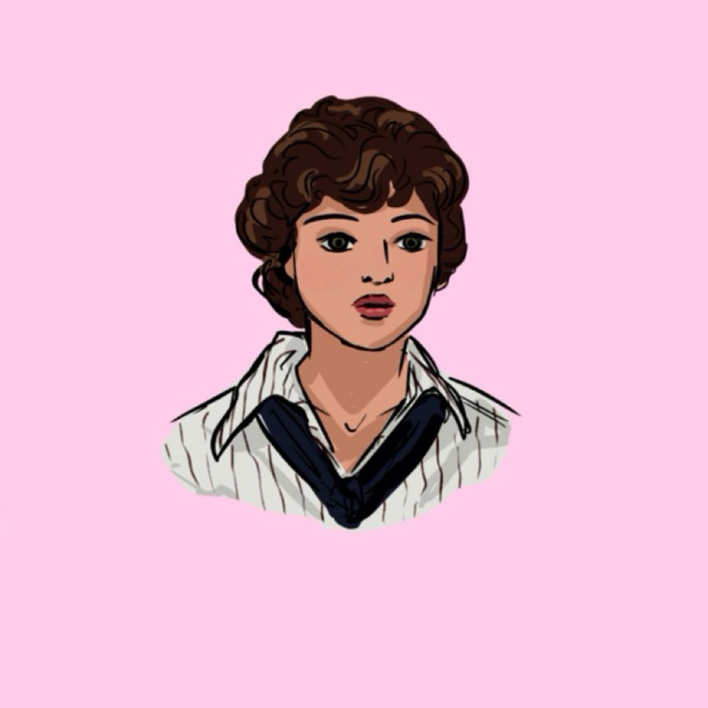 Cartoon style digital art of Evie from the Mummy wearing a striped shirt and necktie 