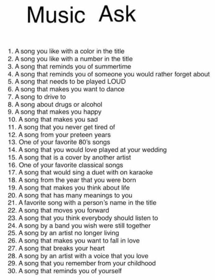 1. A song you like with a color in the title 
2. A song you like with a number in the title 
3. A song that reminds you of summertime 
4. A song that reminds you of someone you would rather forget about 
5. A song that needs to be played LOUD 
6. A song that makes you want to dance 
7. A song to drive to 
8. A song about drugs or alcohol 
9. A song that makes you happy 
10. A song that makes you sad 
11. A song that you never get tired of 
12. A song from your preteen years 
13. One of your favorite 80's songs 
14. A song that you would love played at your wedding 
15. A song that is a cover by another artist 
16. One of your favorite classical songs 
17. A song that would sing a duet with on karaoke 
18. A song from the year that you were born 
19. A song that makes you think about life 
20. A song that has many meanings to you 
21. A favorite song with a person's name in the title 
22. A song that moves you forward 
23. A song that you think everybody should listen to 
24. A song by a band you wish were still together 
25. A song by an artist no longer living 
26. A song that makes you want to fall in love 
27. A song that breaks your heart 
28. A song by an artist with a voice that you love 
29. A song that you remember from your childhood 
30. A song that reminds you of yourself