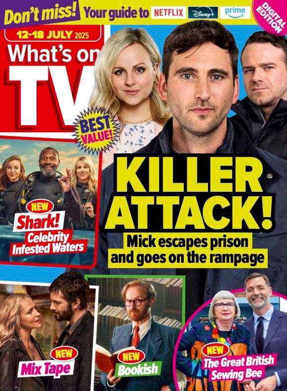 The cover of What's On TV magazine for the week of 12 - 18 July 2025. The top banner reads "Don't miss! Your guide to Netflix, Disney+, Prime". The main image is of Coronation Street characters Sarah Platt (Tina O'Brien), Kit Green (Jacob Roberts) and Mick Michaelis (Joe Layton) with the caption: "KILLER ATTACK! Mick escapes prison and goes on the rampage". To the left of this is an inset image with Helen George, Lenny Henry and Lucy Punch in diving gear and in deep water with the caption: "NEW - Shark! Celebrity Infested Waters". There are three inset images along the bottom of the page. The first is of Teresa Palmer and Jim Sturgess as their characters Alison and Daniel in drama Mix Tape. The caption reads: "NEW - Mix Tape". To right is an image of Mark Gatiss wearing an auburn wig as Gabriel Book in Bookish with the caption "NEW - Bookish". The final image is of The Great British Sewing Bee judges Esme Young and Patrick Grant with the caption: "NEW - The Great British Sewing Bee."