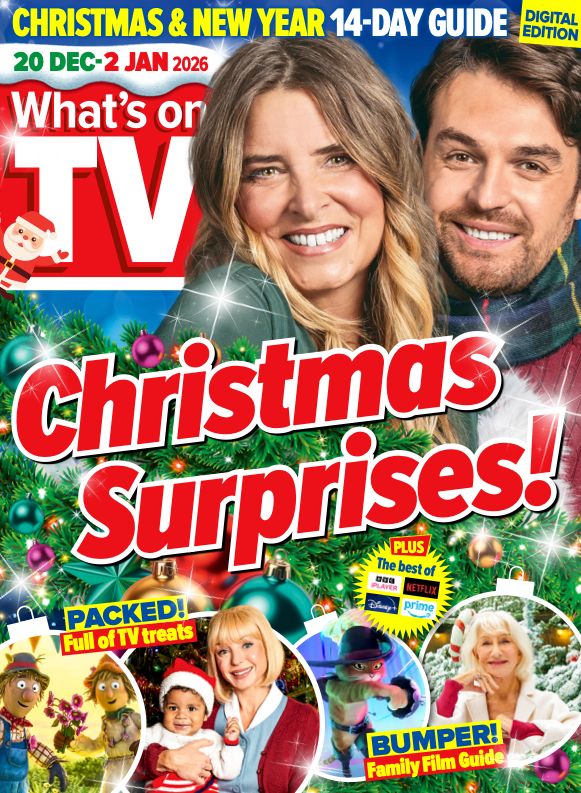 The cover of What's on TV magazine for the fortnight dating 20 December 2025 until 2 January 2026. A blue banner with yellow and white text at the top of the page reads, "CHRISTMAS & NEW YEAR 14-DAY GUIDE". The What's on TV logo is covered in snow with a tiny, cheerful Santa waving in the corner. The main image is of a smiling Charity Dingle and Mack Boyd in Emmerdale with the caption: "CHRISTMAS SURPRISES!" in red lettering edged in white. Underneath this is a yellow circular logo saying, "PLUS The best of BBC iPlayer, NETFLIX, Disney, prime". Underneath this are 4 inset images in Christmas baubles with the header, "PACKED! Full of TV treats". The images left to right along the bottom of the cover page are: Animated scarecrow characters from The Scarecrows' Wedding, Trixie Franklin holding a baby wearing a Santa suite in Call the Midwife, an animation of film character Puss in Boots, and Helen Mirren in front of a snowy Christmas tree in The Repair Shop at Christmas.