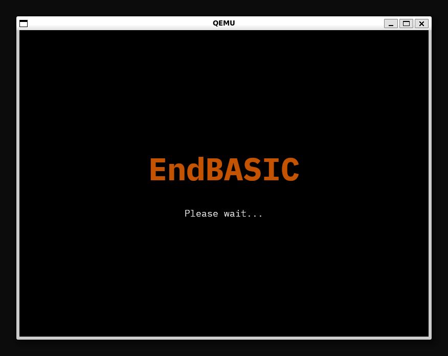 qemu window showing EndBASIC in orange in the center with a smaller "Please wait..." message in white right below.