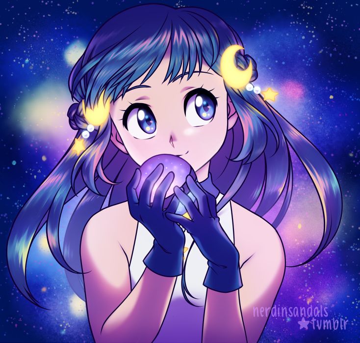 Image description: An illustration of Dawn from the Pokémon Journeys anime series, dressed in a celestial-themed Contest outfit with glowing moons and stars. The background is a galaxy with plenty of stars surrounding her, with their light and colors reflecting on her hair, which is floating in space. She's facing the viewer while looking to the side, kissing a glowing Pokéball that she's holding with both hands. End description.

#nerdinsandalsart