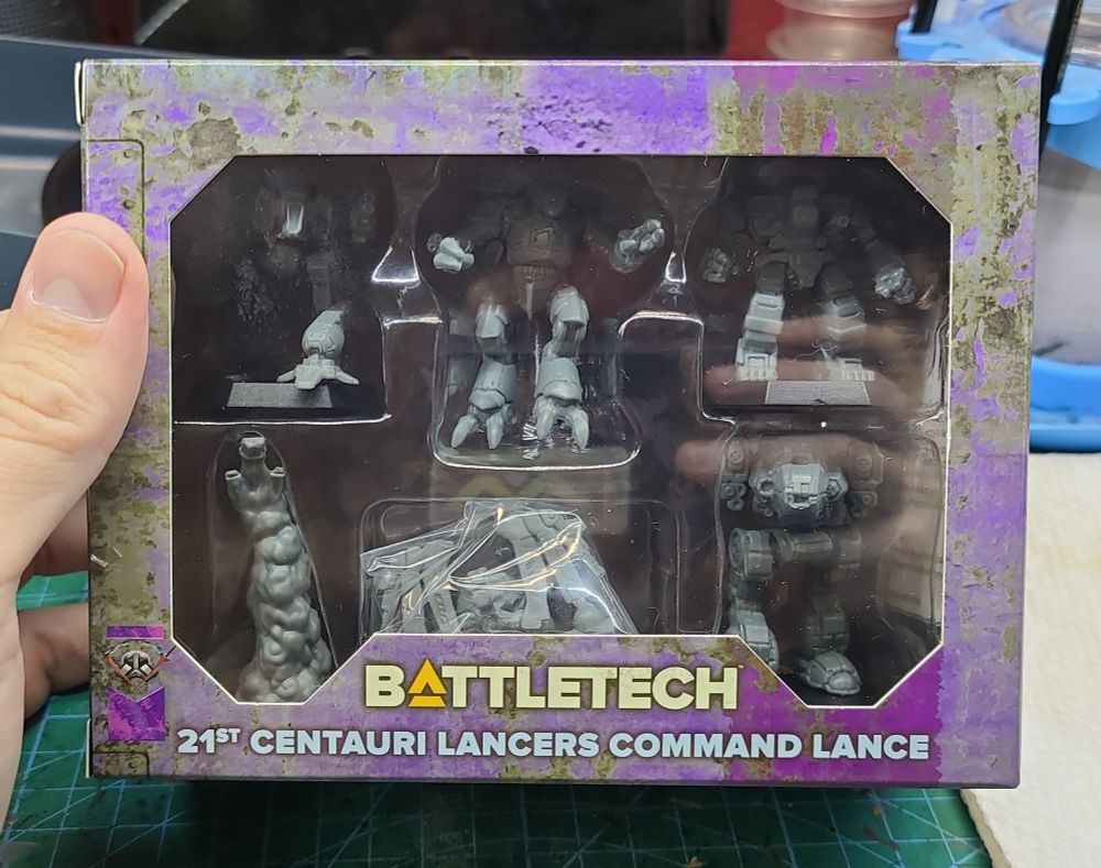 A hand holding a Battletech 21st Centauri Lancers Command Lance box