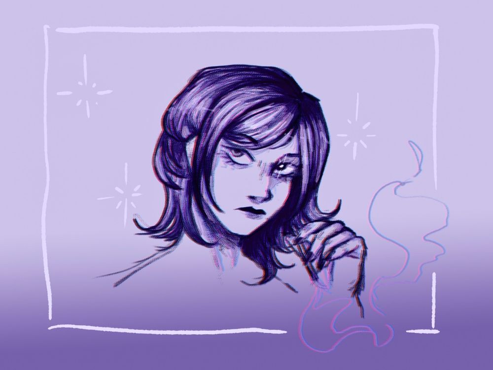 a monochromatic sketch of a woman with shoulder length dark hair smoking a cigarette. there are small white stars in the background, and a trail of smoke