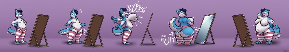 (1) Here, Wintie stands poised with his hands on his hips, admiring his new clothes in the mirror.

(2) It looks like his hips and thighs have sprung out a bit, granting him some soft curves on his frame.

(3) Suddenly his chest bursts forth, some pudgy pillows coming into play!

(4) Now his butt joins the party, billowing out behind him to counteract all that new weight in the front!

(5) And to round out his ample new figure, his belly bloats and hangs in front of him, showing off all of his new pudge in the mirror for him to see.
