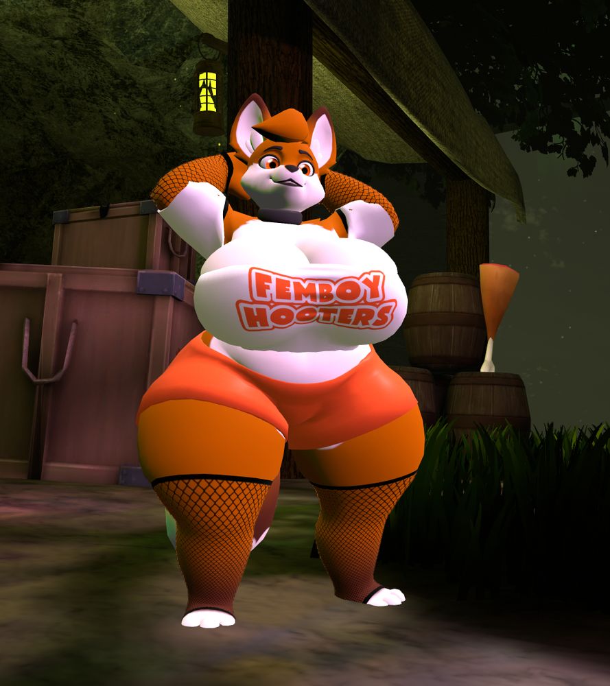 A fox stands with their hands resting behind their head, putting their wide hips and ample boobs on display. They wear fishnets on their arms and legs, bright orange booty shorts, a white shirt with "Femboy Hooters" in orange lettering and a black choker.