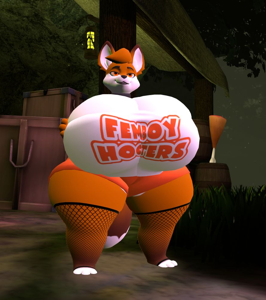The same fox stands with their hands now placed on their much bigger boobs, filling and stretching the shirt to its limits while they playfully squish them together. Their hips and thighs have grown much wider, giving them a very full figure.