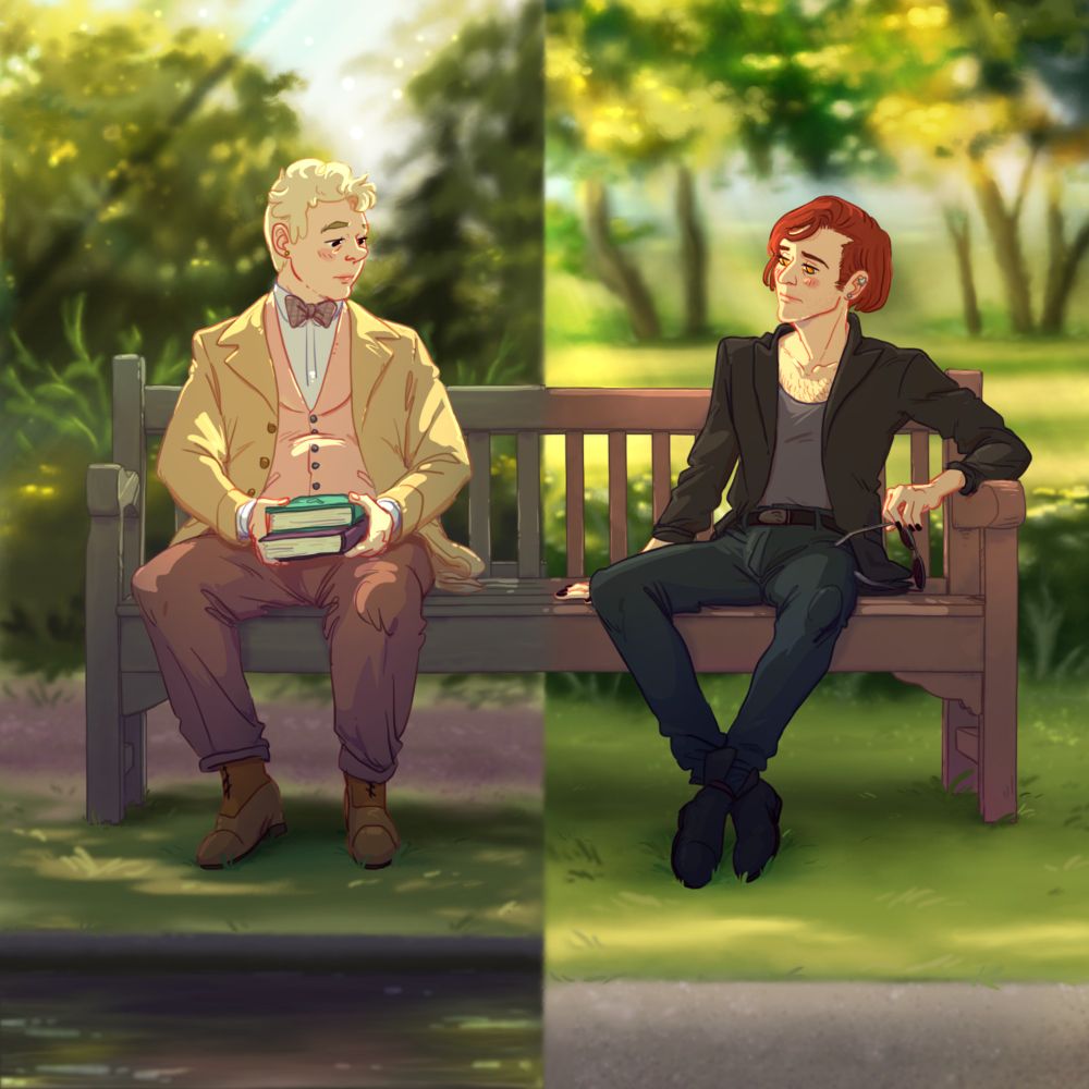 a picture of two benches in two different parks, split down the middle so they're displayed as one bench. Aziraphale is on the left and Crowley is on the right. They're both looking to the other side of their bench, and are sad they're not actually together. (This was originally posted to other sites in August of 2023.)