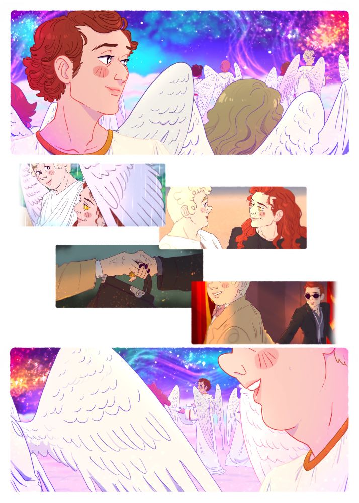 a small comic featuring Angel Crowley. In the first panel, he's in a brightly colored heaven space, surrounded by other angels, and is looking at Aziraphale, standing a short distance away. In the middle are four smaller panels, showing bits of their love story- Aziraphale covering Crowley from the reason in Eden, then meeting in Mesopotamia, handing Aziraphale his books at the church in 1941, and Aziraphale pulling Crowley in to dance. The third panel is the same as the first, but from where Aziraphale is standing. A close-up on his lower face, not noticing Angel Crowley looking on fondly. They'll be in love someday.